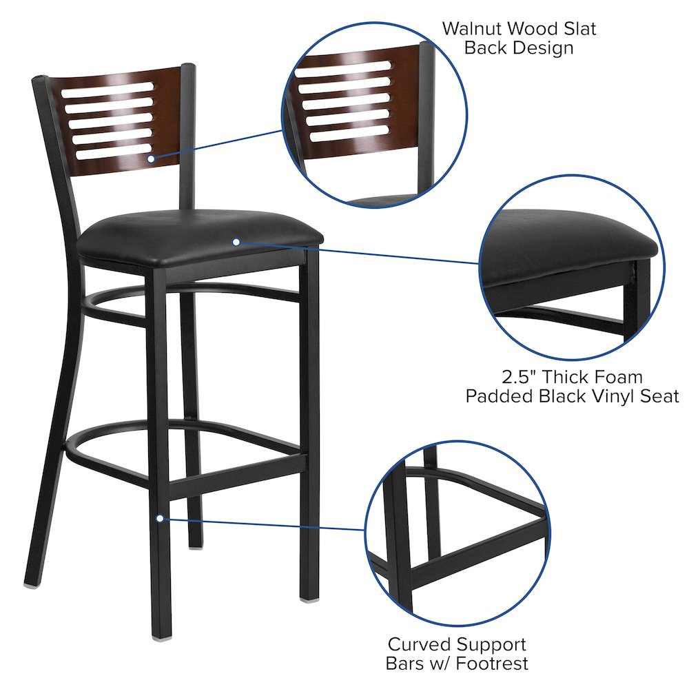 Black Slat Back Metal Restaurant Barstool - Walnut Wood Back, Black Vinyl Seat. Picture 5
