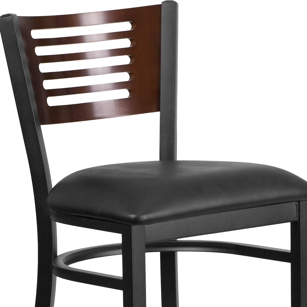 Black Slat Back Metal Restaurant Barstool - Walnut Wood Back, Black Vinyl Seat. Picture 11