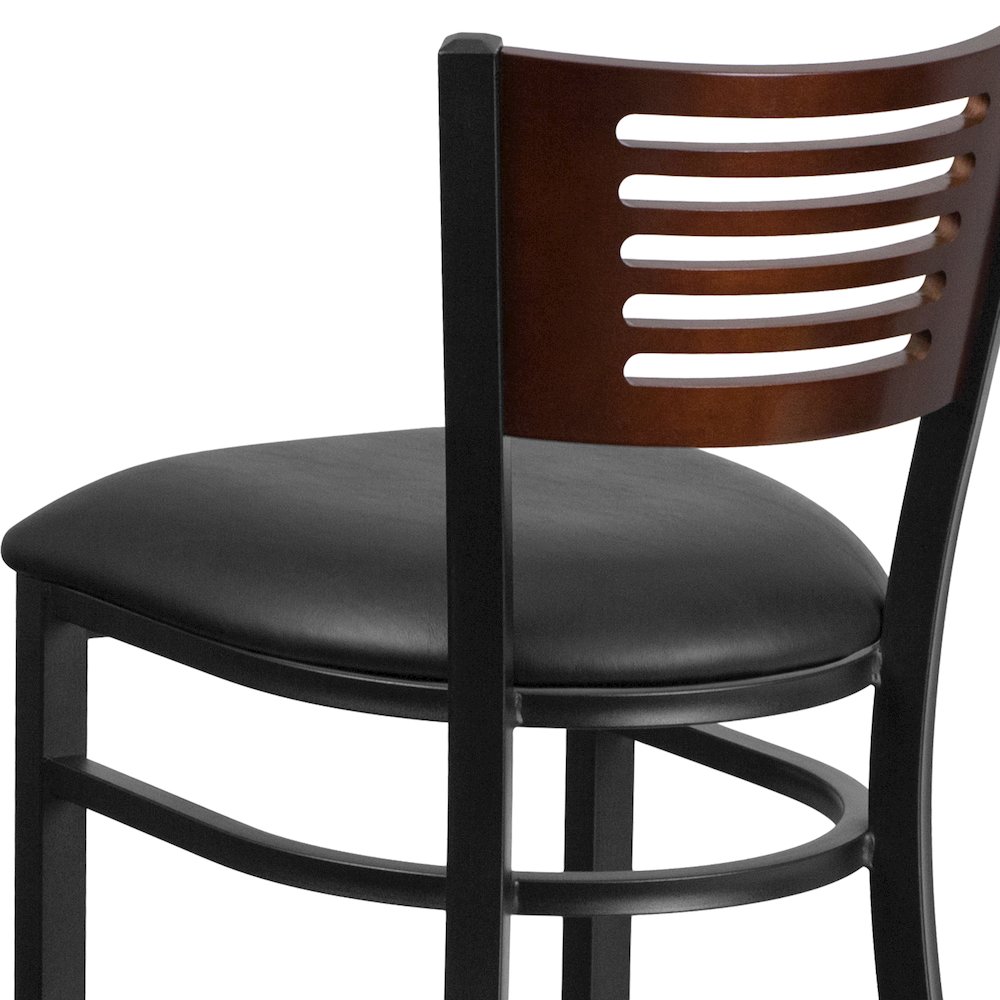 Black Slat Back Metal Restaurant Barstool - Walnut Wood Back, Black Vinyl Seat. Picture 8