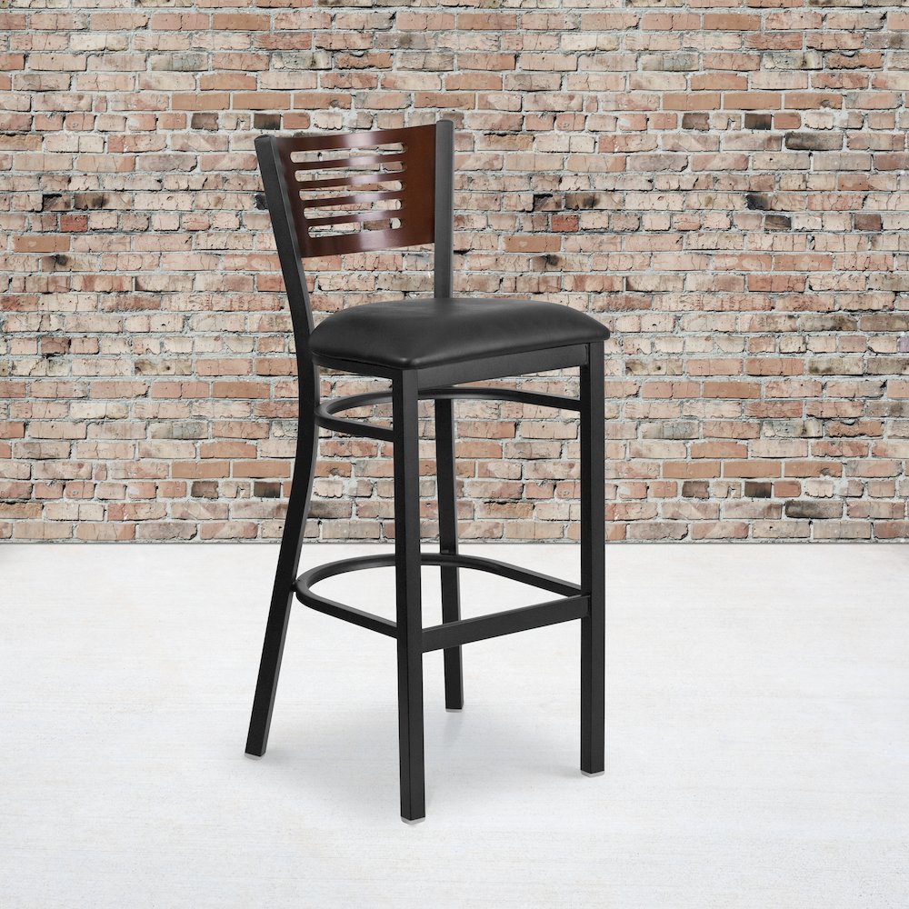 Black Slat Back Metal Restaurant Barstool - Walnut Wood Back, Black Vinyl Seat. Picture 2