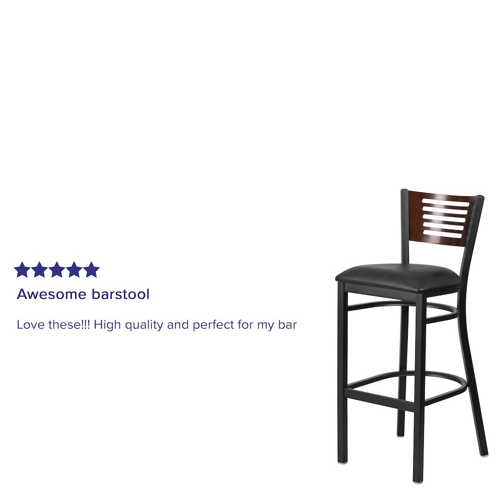 Black Slat Back Metal Restaurant Barstool - Walnut Wood Back, Black Vinyl Seat. Picture 4