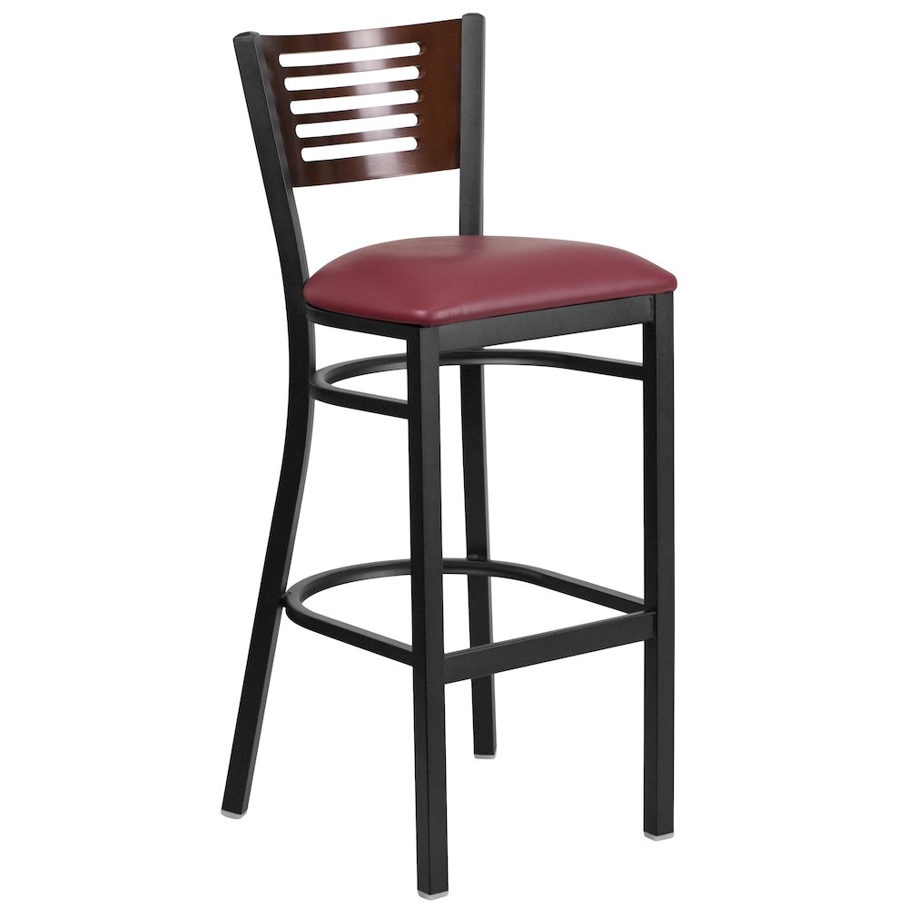 Back Metal Restaurant Barstool - Walnut Wood Back, Burgundy Vinyl Seat. Picture 1
