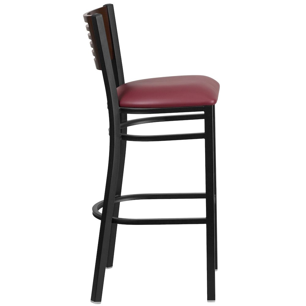 Back Metal Restaurant Barstool - Walnut Wood Back, Burgundy Vinyl Seat. Picture 5