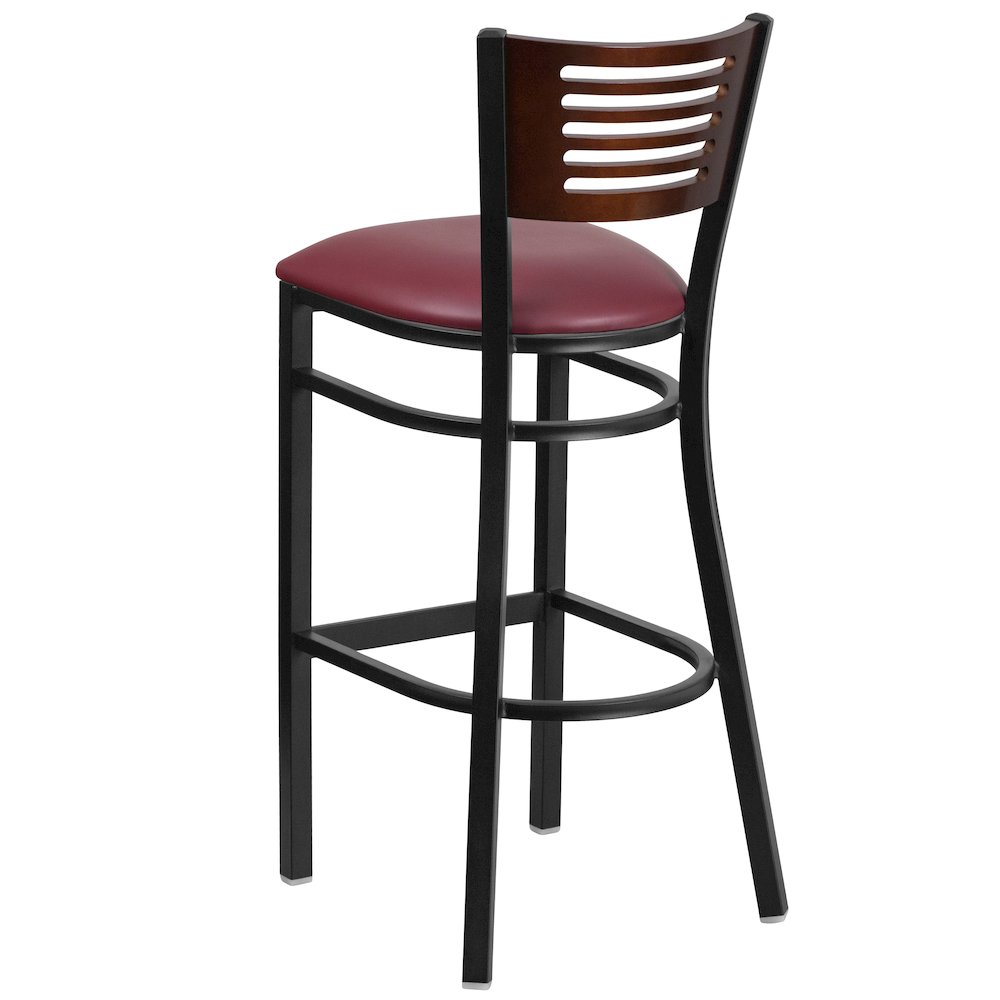 Back Metal Restaurant Barstool - Walnut Wood Back, Burgundy Vinyl Seat. Picture 4