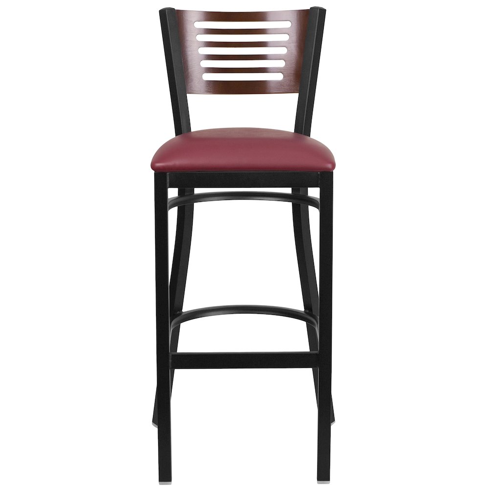 Back Metal Restaurant Barstool - Walnut Wood Back, Burgundy Vinyl Seat. Picture 6