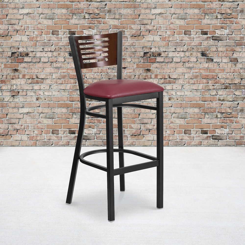 Back Metal Restaurant Barstool - Walnut Wood Back, Burgundy Vinyl Seat. Picture 2