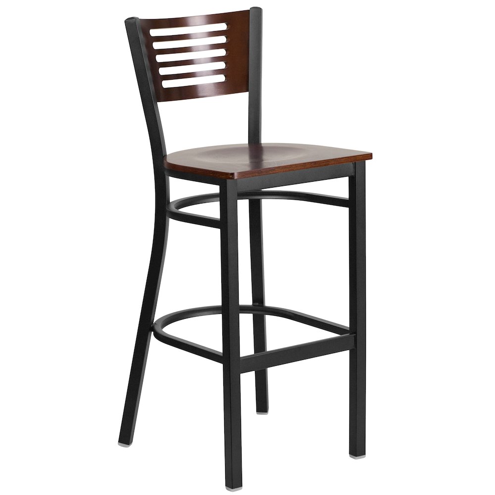 Black Slat Back Metal Restaurant Barstool - Walnut Wood Back & Seat. Picture 1