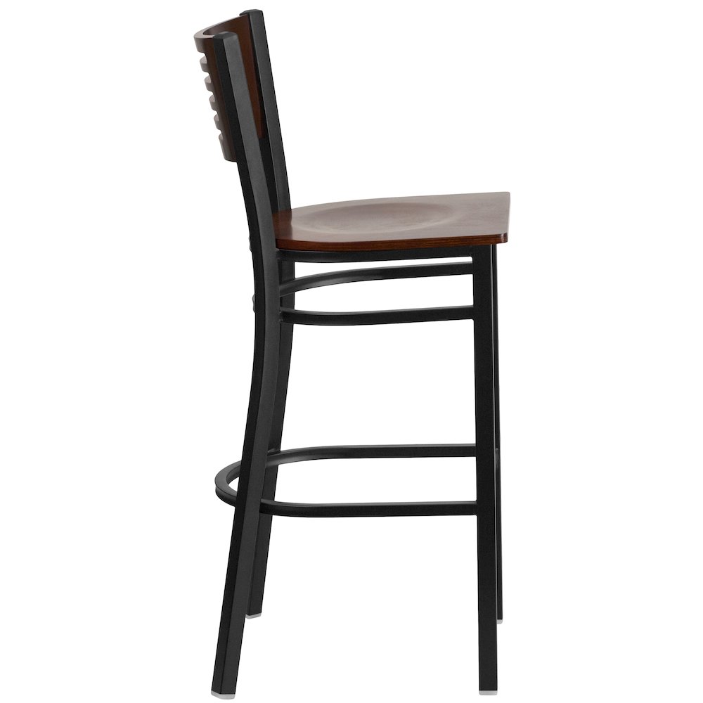 Black Slat Back Metal Restaurant Barstool - Walnut Wood Back & Seat. Picture 2