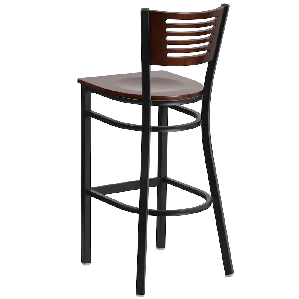 Black Slat Back Metal Restaurant Barstool - Walnut Wood Back & Seat. Picture 3