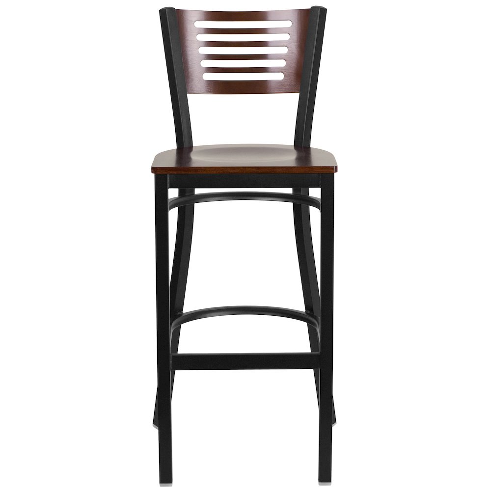 Black Slat Back Metal Restaurant Barstool - Walnut Wood Back & Seat. Picture 4