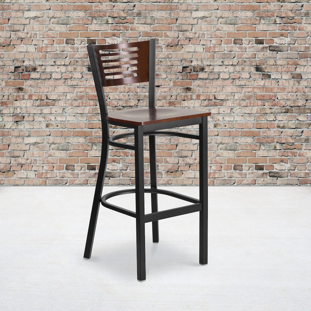 Black Slat Back Metal Restaurant Barstool - Walnut Wood Back & Seat. Picture 5