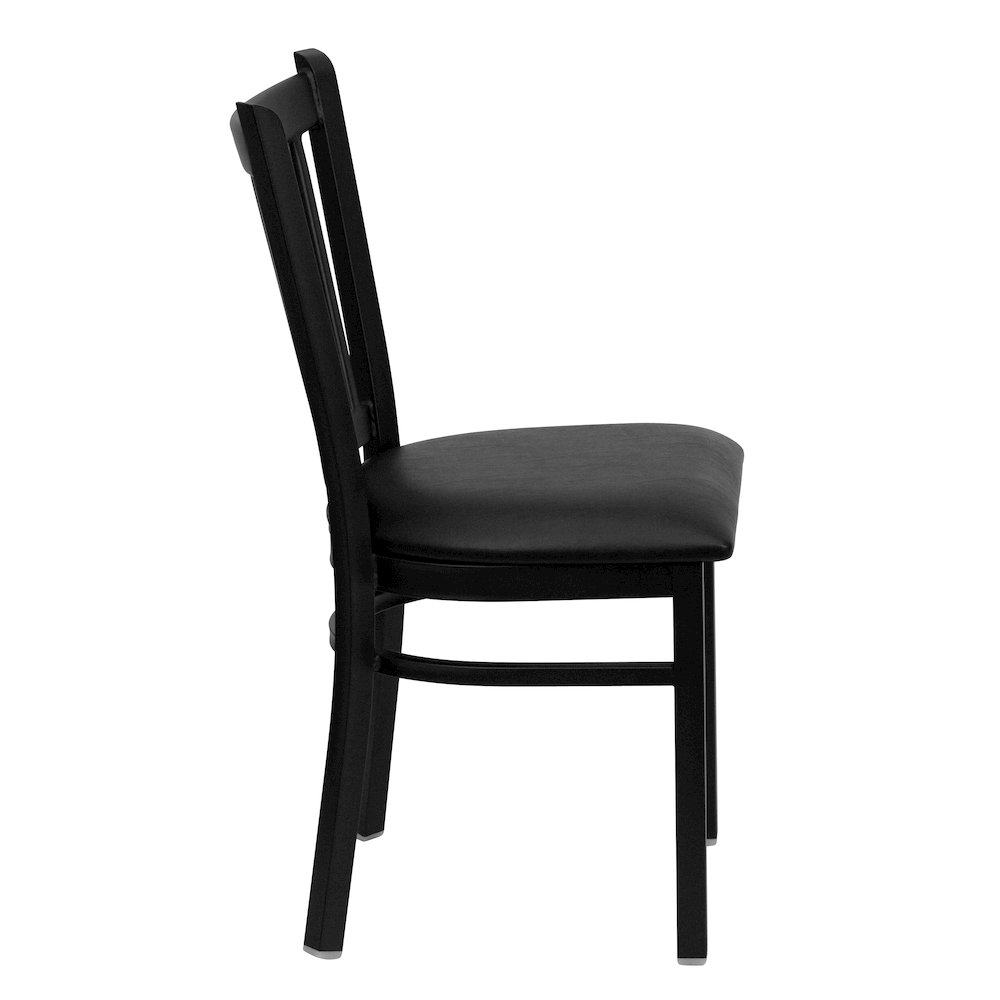 Black Vertical Back Metal Restaurant Chair - Black Vinyl Seat. Picture 9