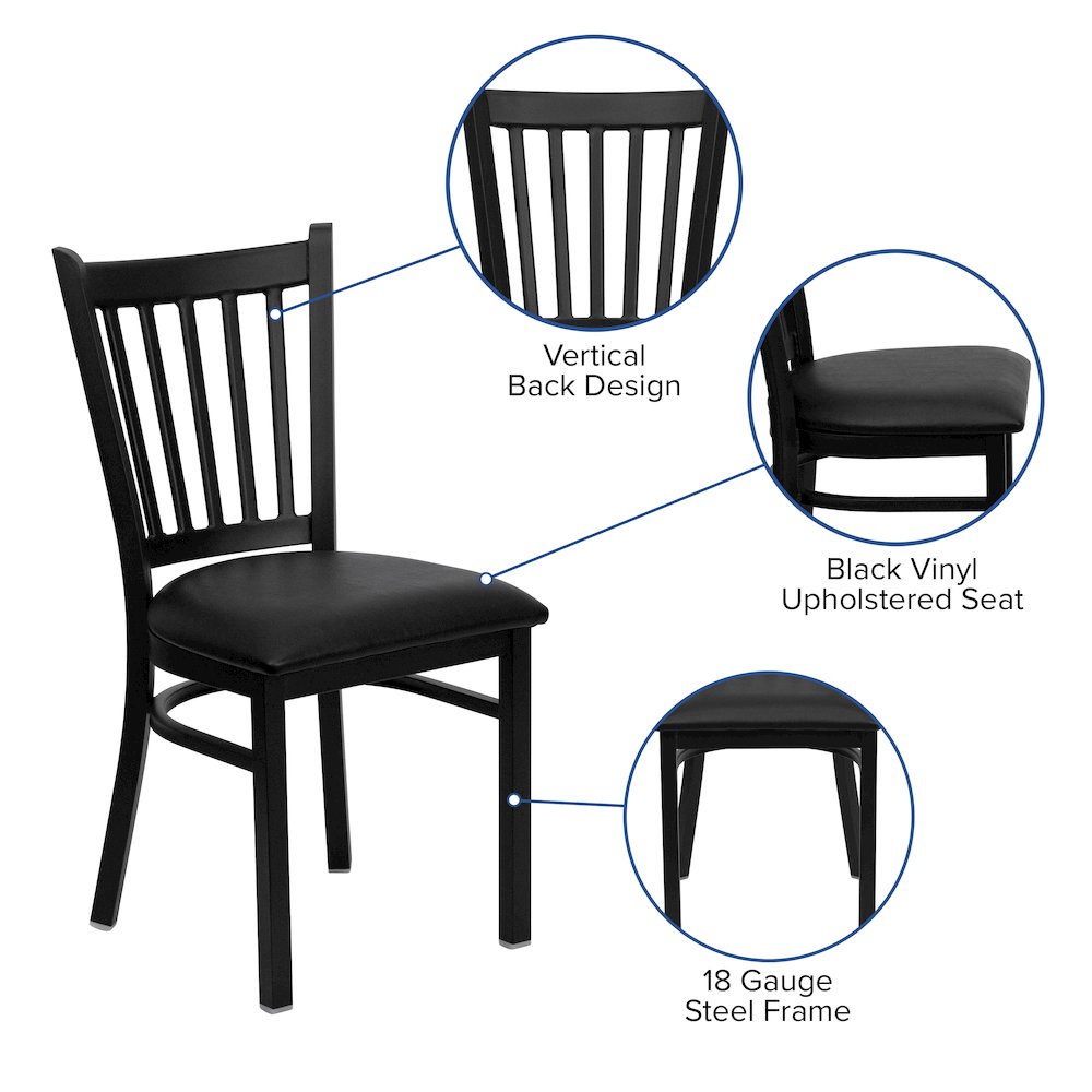 Black Vertical Back Metal Restaurant Chair - Black Vinyl Seat. Picture 5