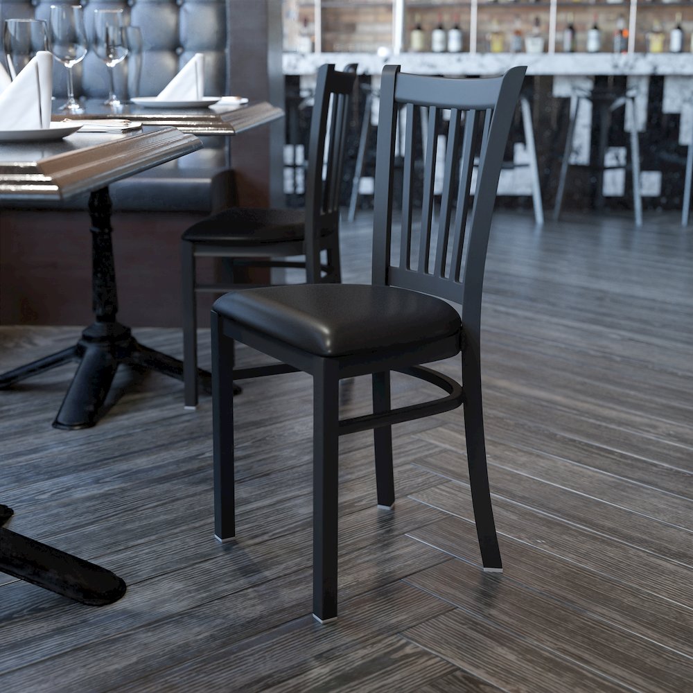 Black Vertical Back Metal Restaurant Chair - Black Vinyl Seat. Picture 2