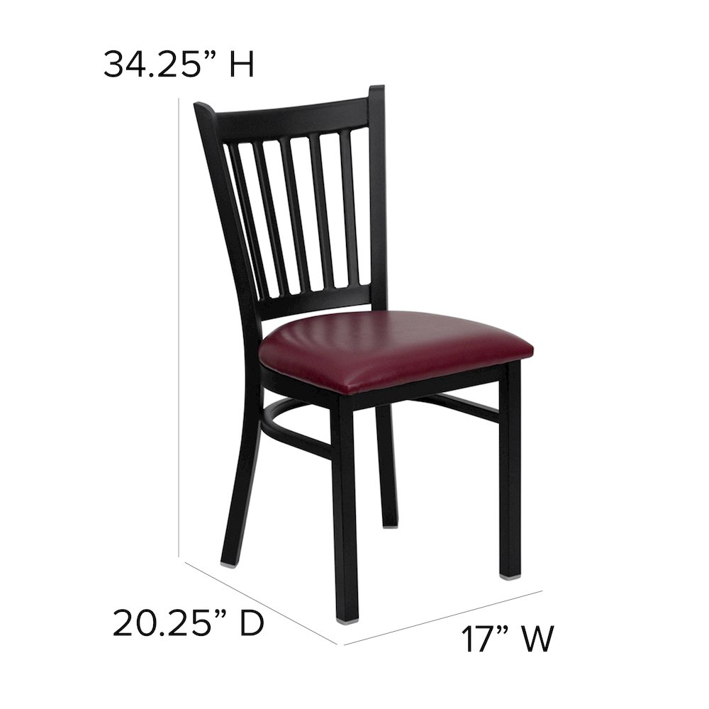 Black Vertical Back Metal Restaurant Chair - Burgundy Vinyl Seat. Picture 6