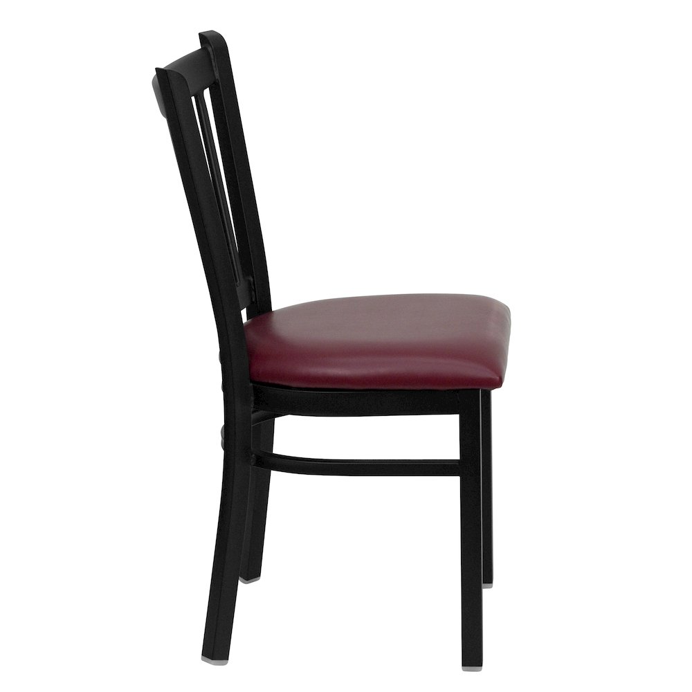 Black Vertical Back Metal Restaurant Chair - Burgundy Vinyl Seat. Picture 9