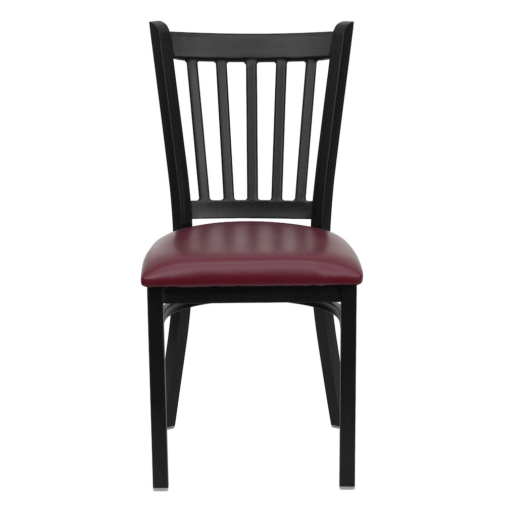 Black Vertical Back Metal Restaurant Chair - Burgundy Vinyl Seat. Picture 10