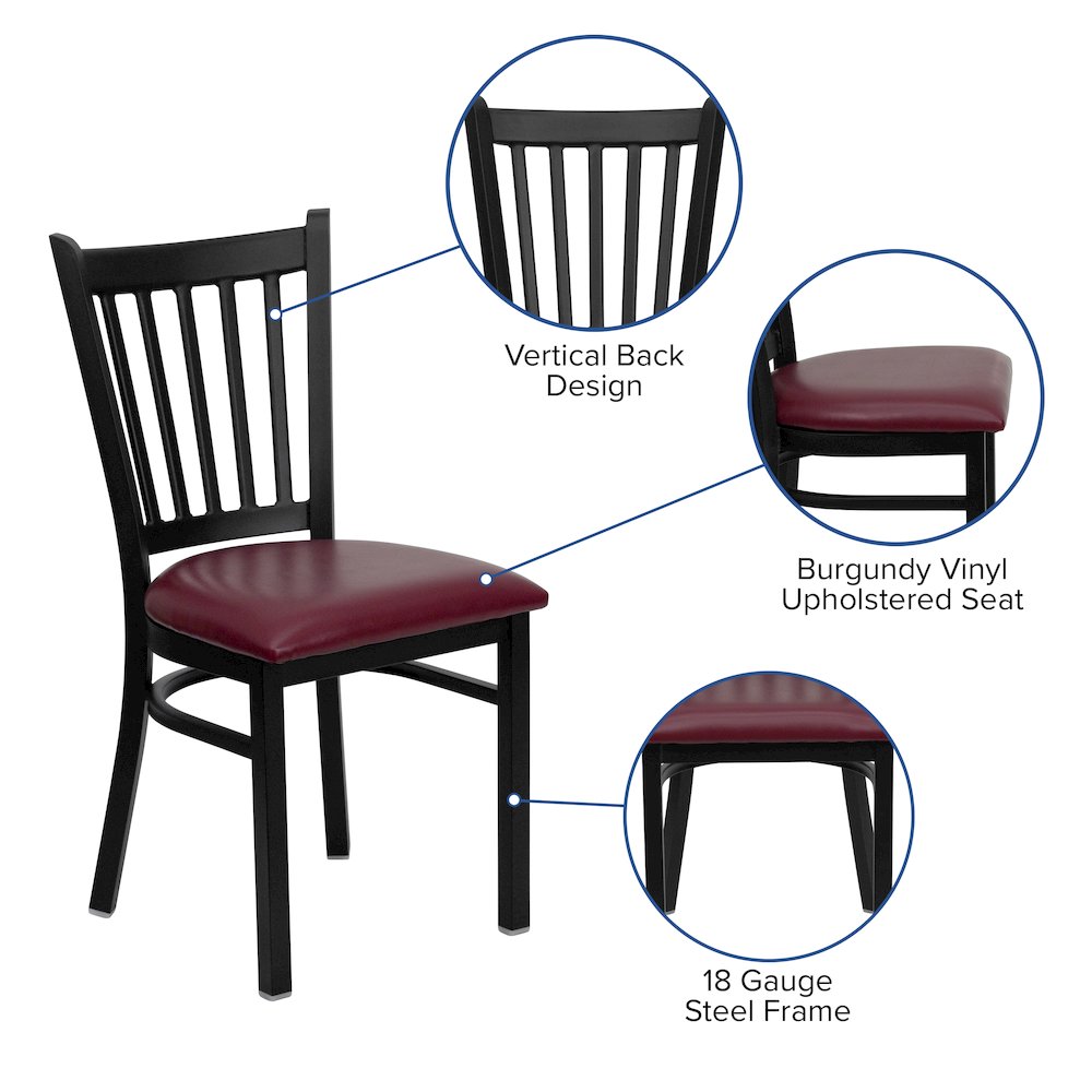 Black Vertical Back Metal Restaurant Chair - Burgundy Vinyl Seat. Picture 5