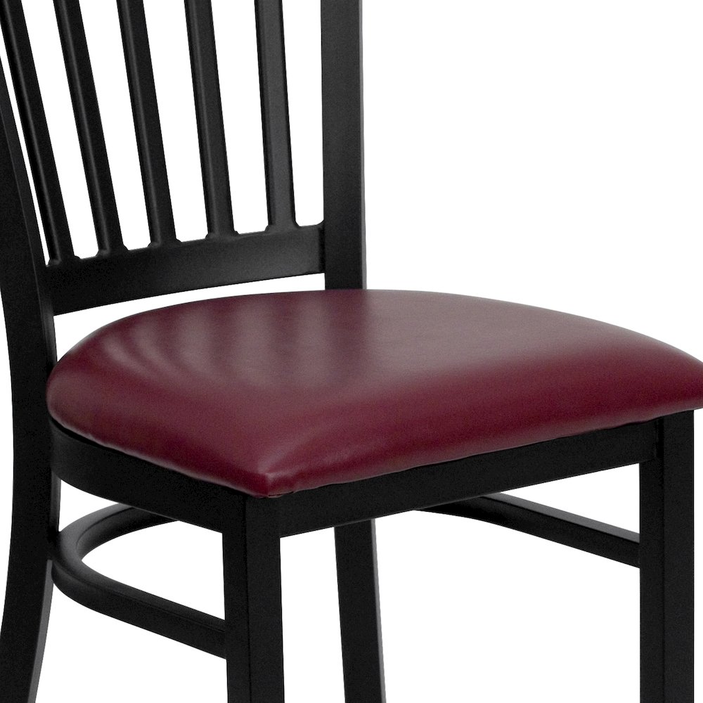 Black Vertical Back Metal Restaurant Chair - Burgundy Vinyl Seat. Picture 11