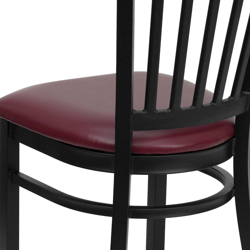 Black Vertical Back Metal Restaurant Chair - Burgundy Vinyl Seat. Picture 8