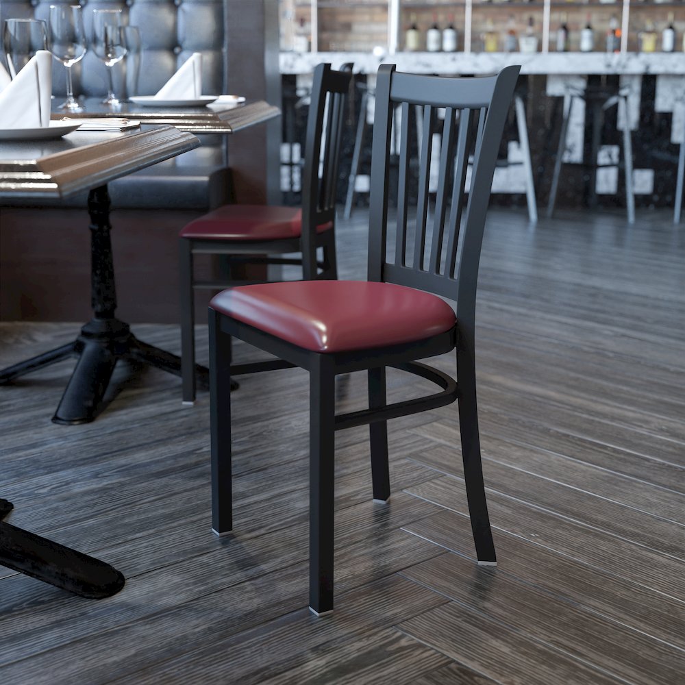 Black Vertical Back Metal Restaurant Chair - Burgundy Vinyl Seat. Picture 2