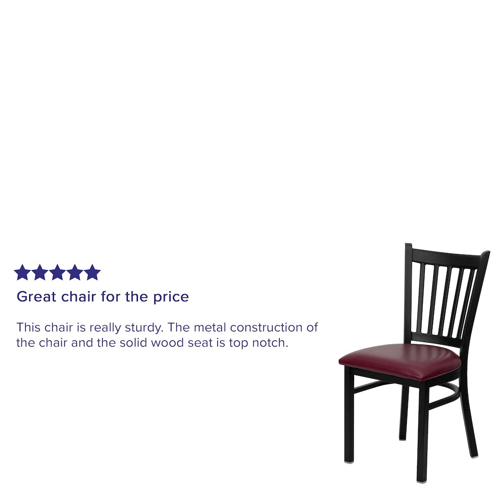 Black Vertical Back Metal Restaurant Chair - Burgundy Vinyl Seat. Picture 4