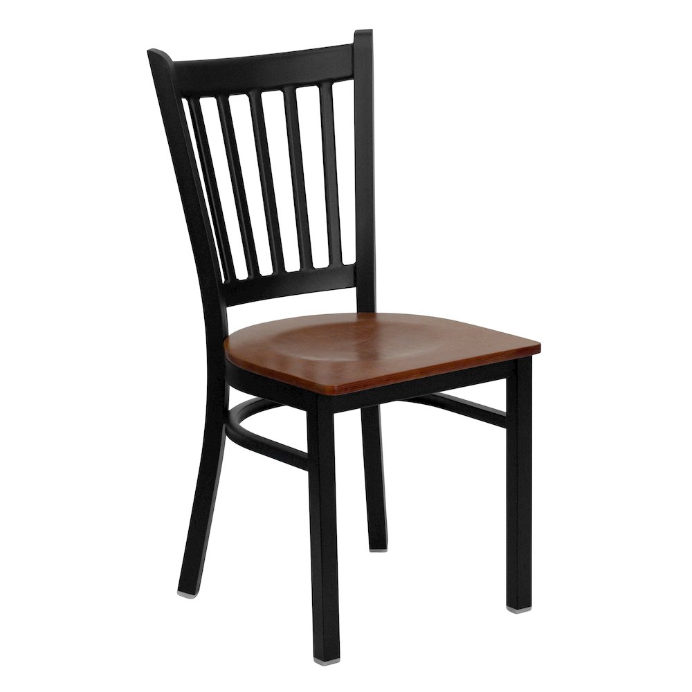 Black Vertical Back Metal Restaurant Chair - Cherry Wood Seat. Picture 1