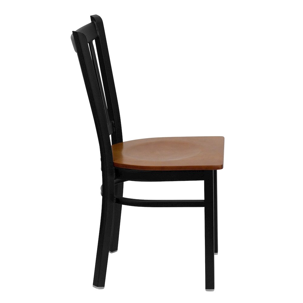 Black Vertical Back Metal Restaurant Chair - Cherry Wood Seat. Picture 2