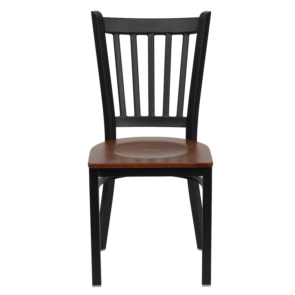 Black Vertical Back Metal Restaurant Chair - Cherry Wood Seat. Picture 4