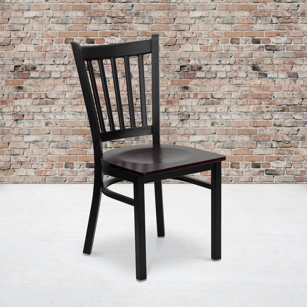 Black Vertical Back Metal Restaurant Chair - Mahogany Wood Seat. Picture 5