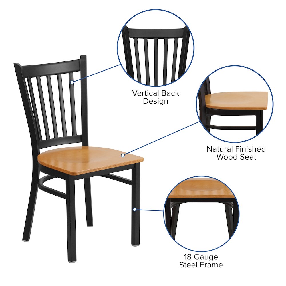 Black Vertical Back Metal Restaurant Chair - Natural Wood Seat. Picture 5