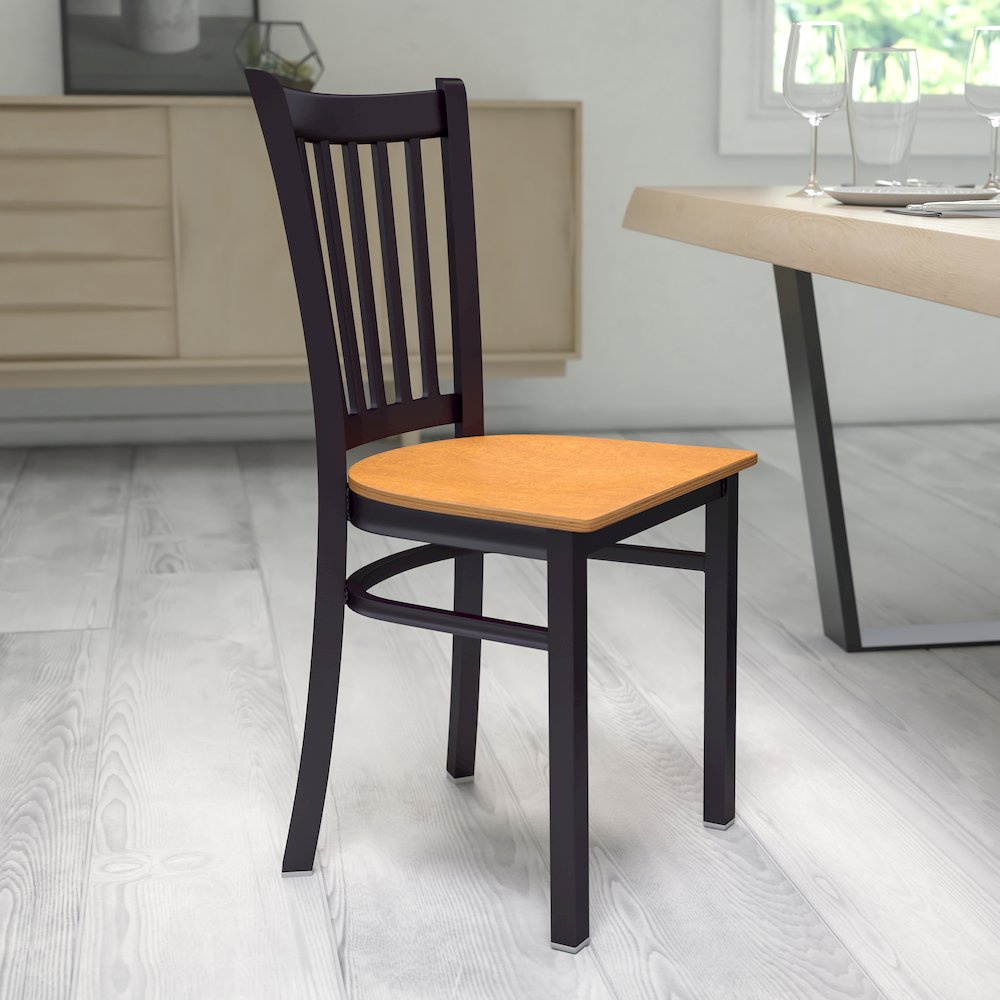 Black Vertical Back Metal Restaurant Chair - Natural Wood Seat. Picture 7