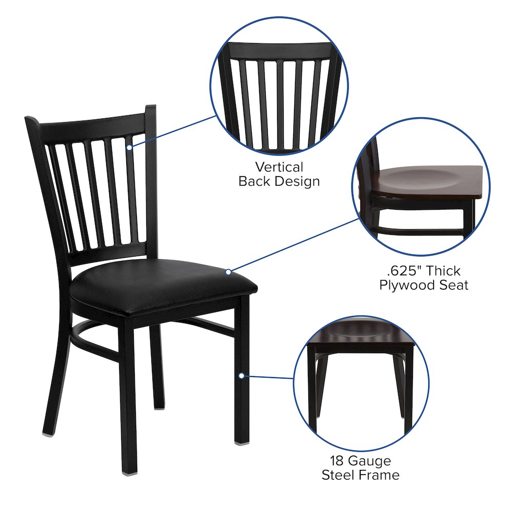 Black Vertical Back Metal Restaurant Chair - Walnut Wood Seat. Picture 4