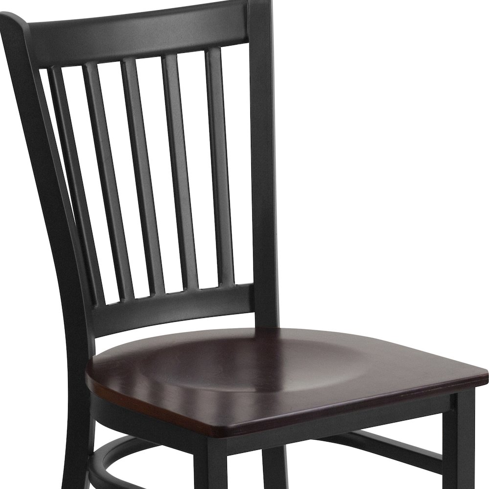 Black Vertical Back Metal Restaurant Chair - Walnut Wood Seat. Picture 10