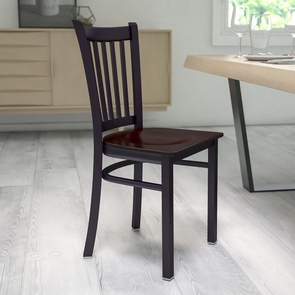 Black Vertical Back Metal Restaurant Chair - Walnut Wood Seat. Picture 5