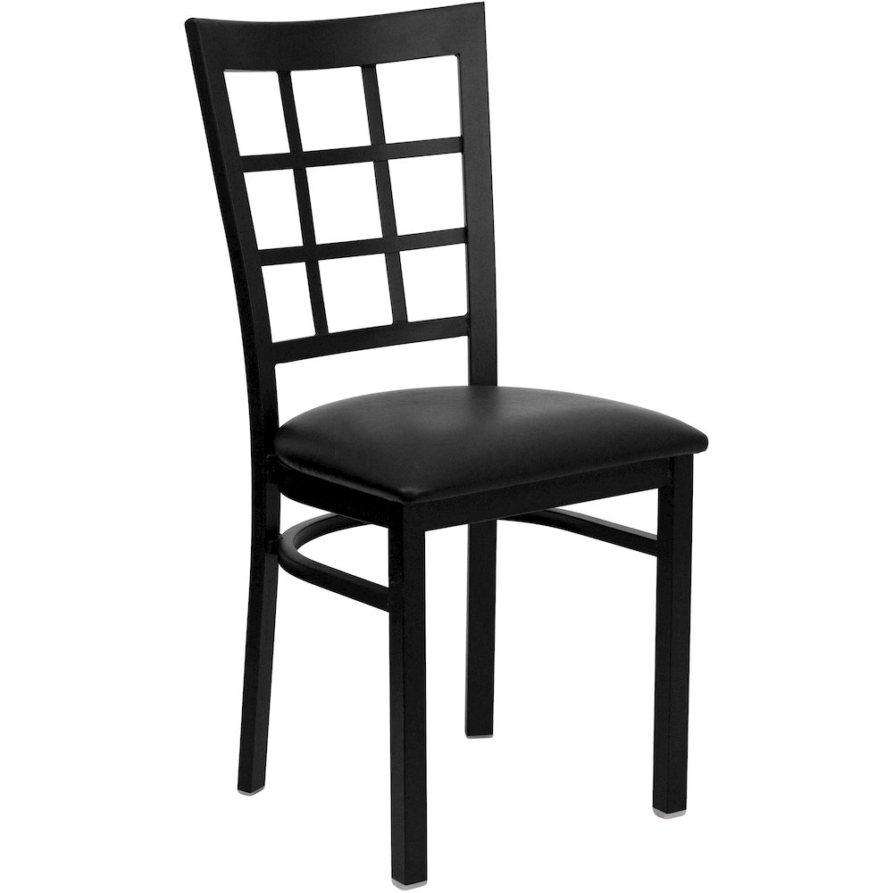 Black Window Back Metal Restaurant Chair - Black Vinyl Seat. Picture 1