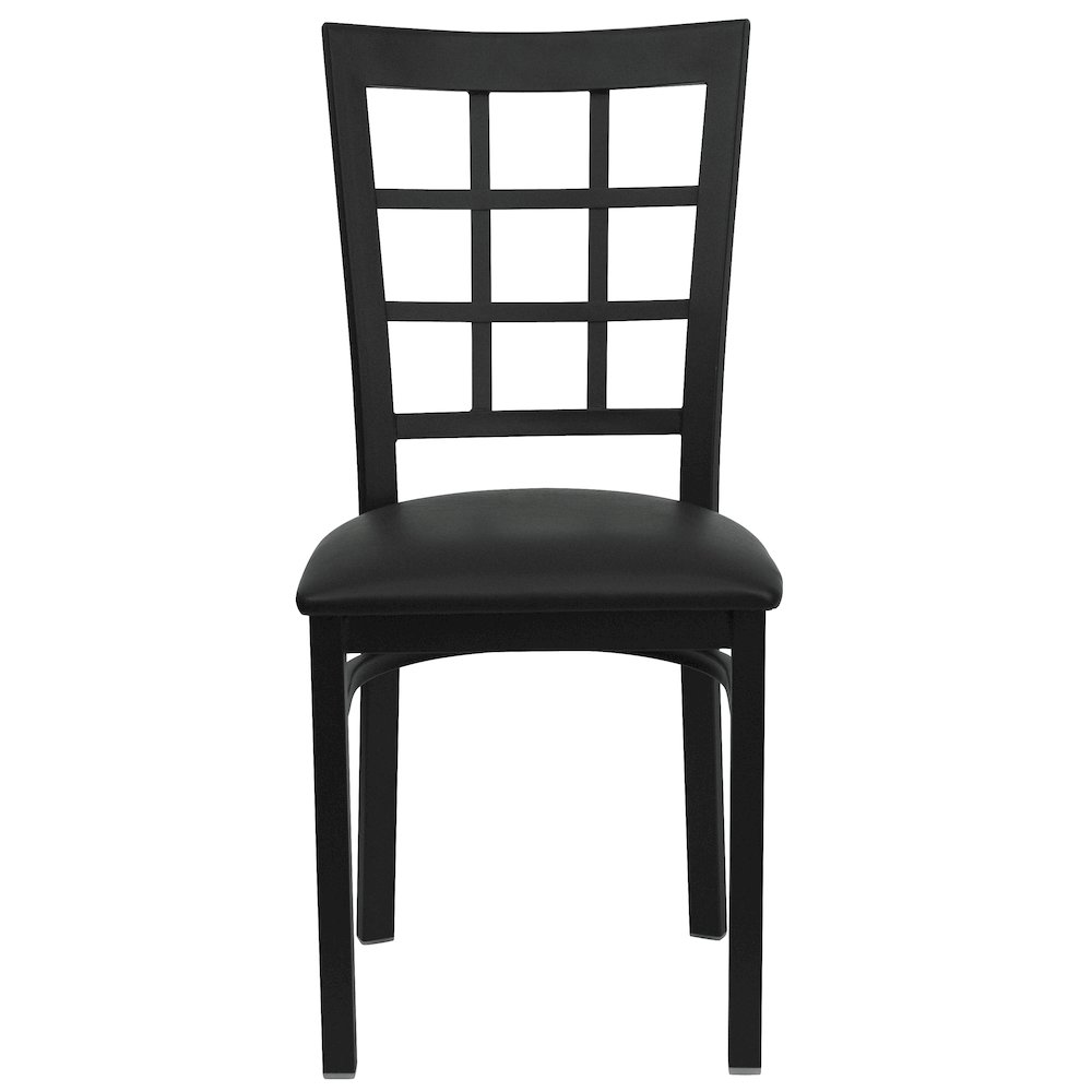 Black Window Back Metal Restaurant Chair - Black Vinyl Seat. Picture 4