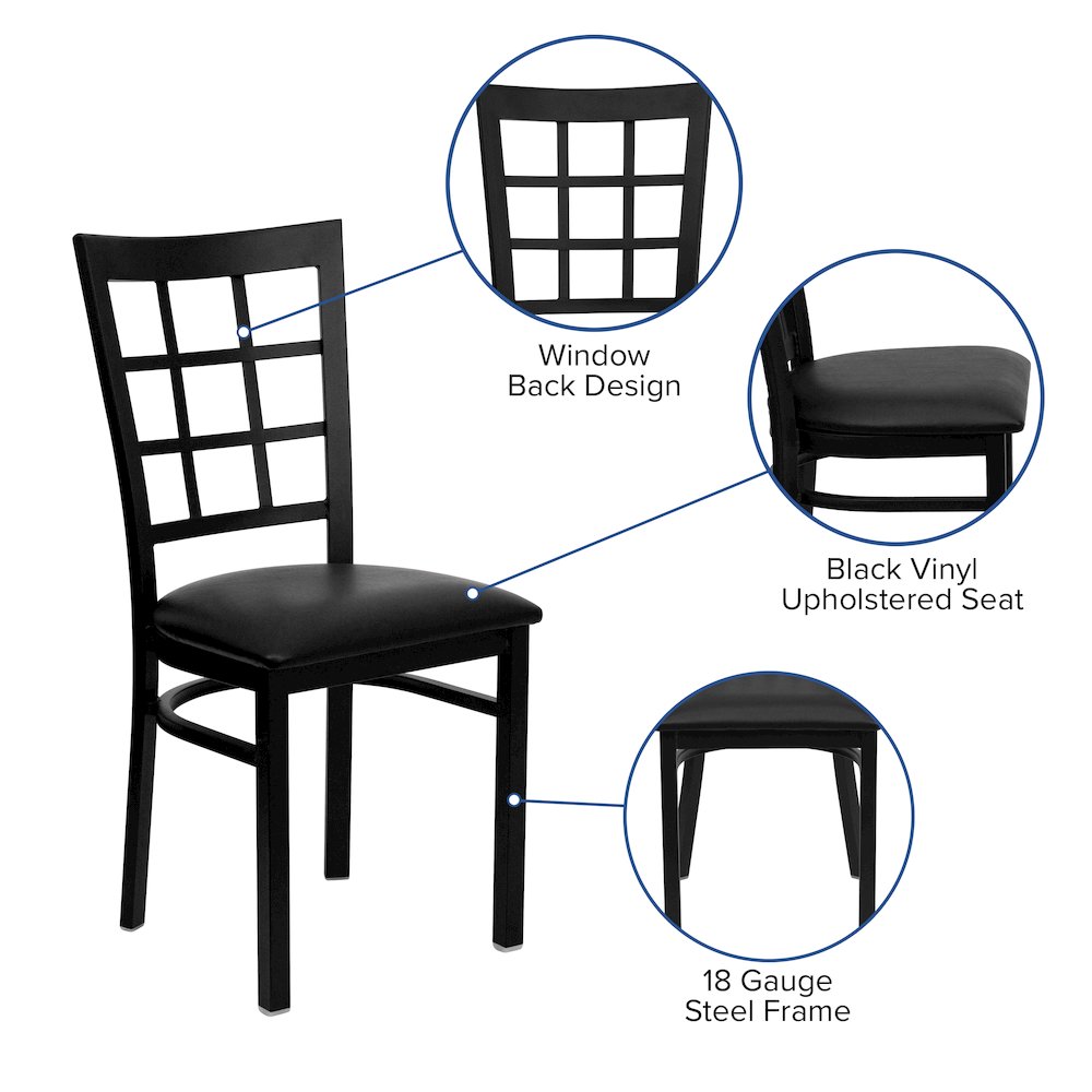 Black Window Back Metal Restaurant Chair - Black Vinyl Seat. Picture 5