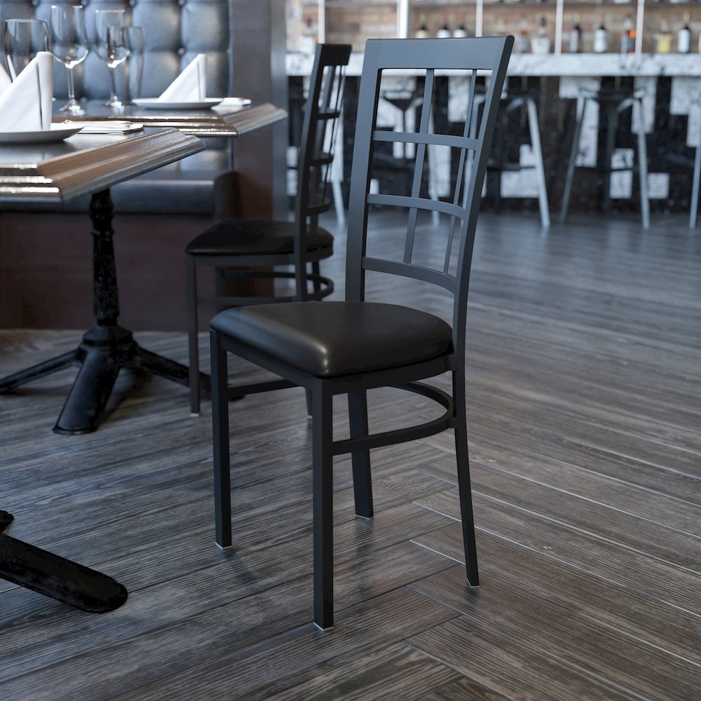 Black Window Back Metal Restaurant Chair - Black Vinyl Seat. Picture 8