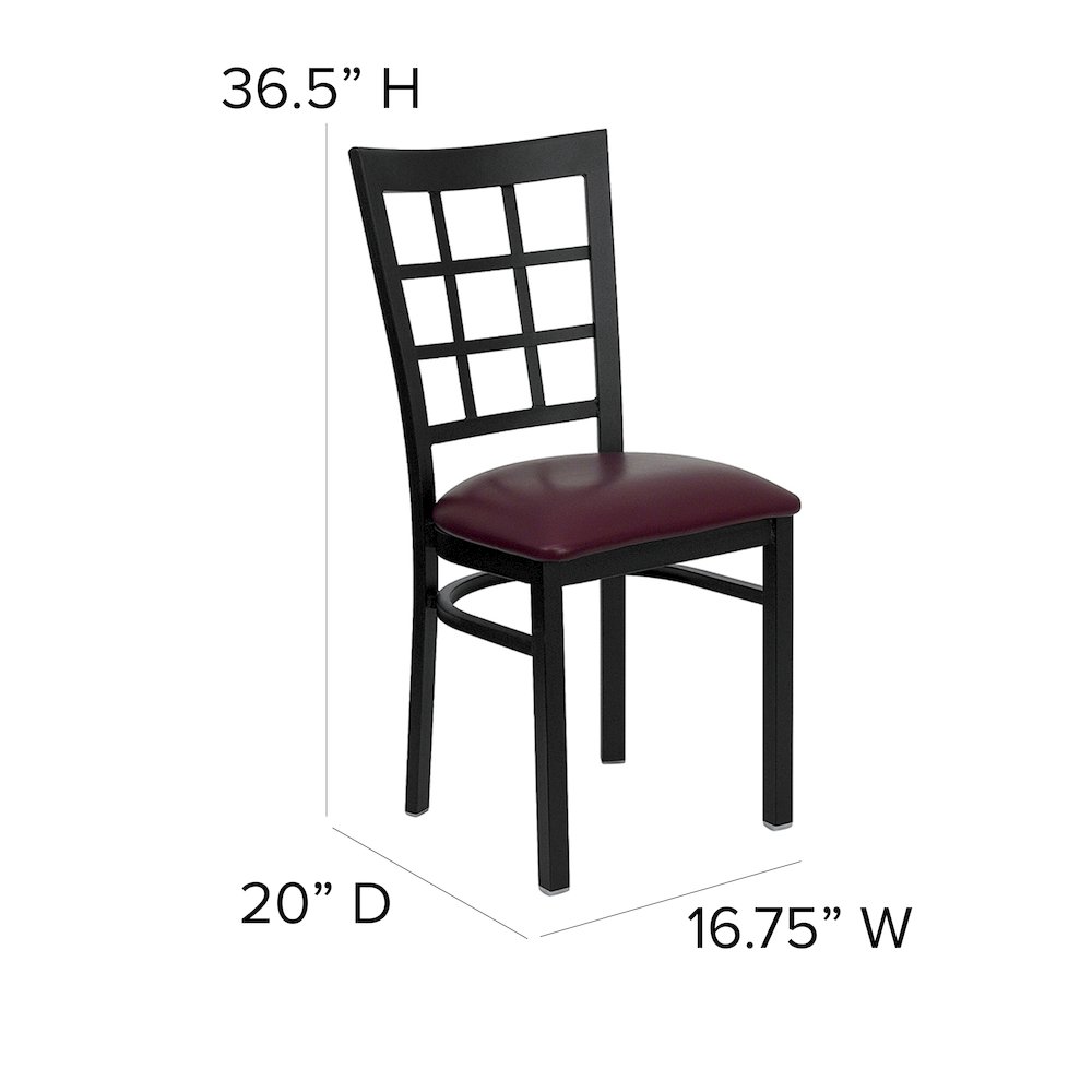 Black Window Back Metal Restaurant Chair - Burgundy Vinyl Seat. Picture 5