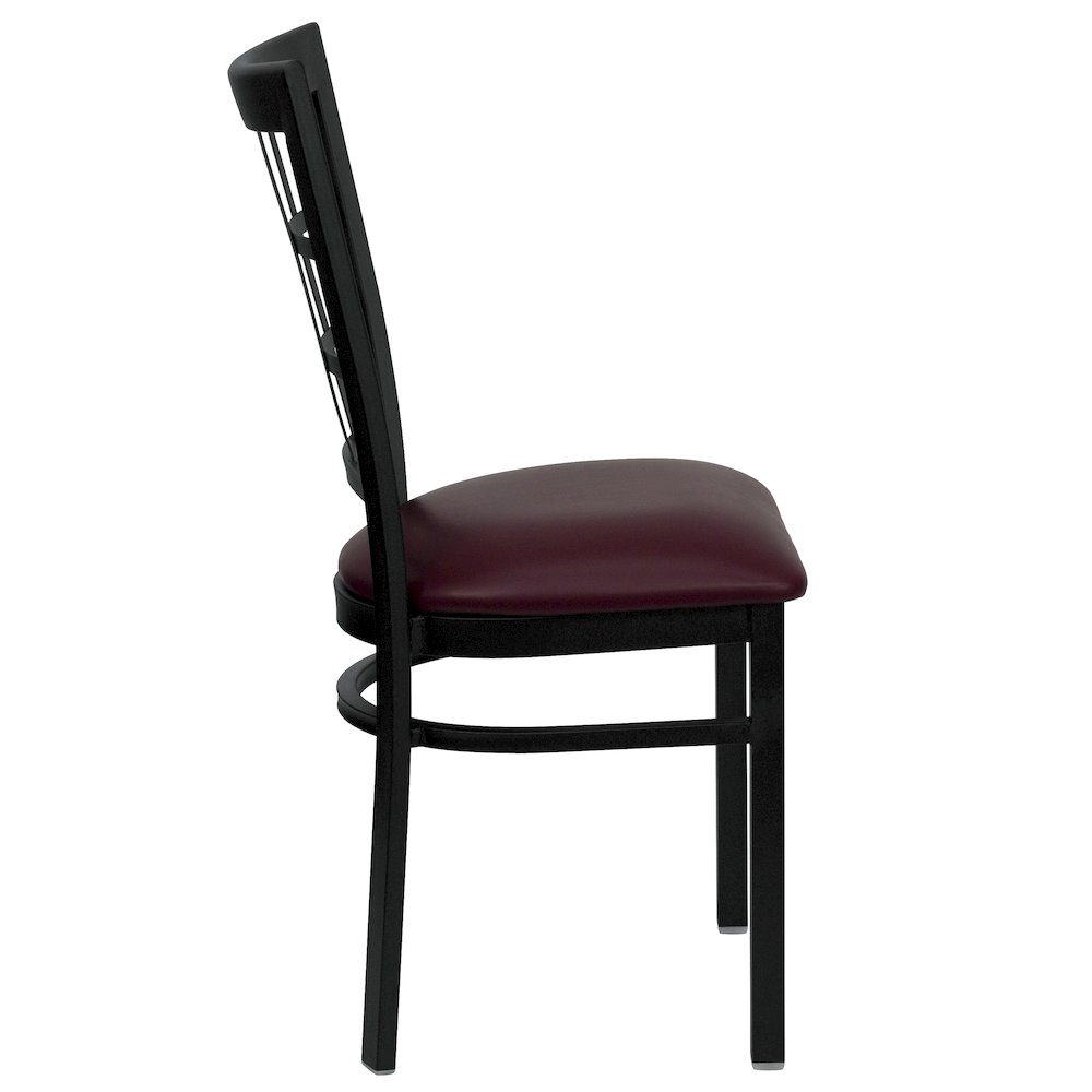 Black Window Back Metal Restaurant Chair - Burgundy Vinyl Seat. Picture 8