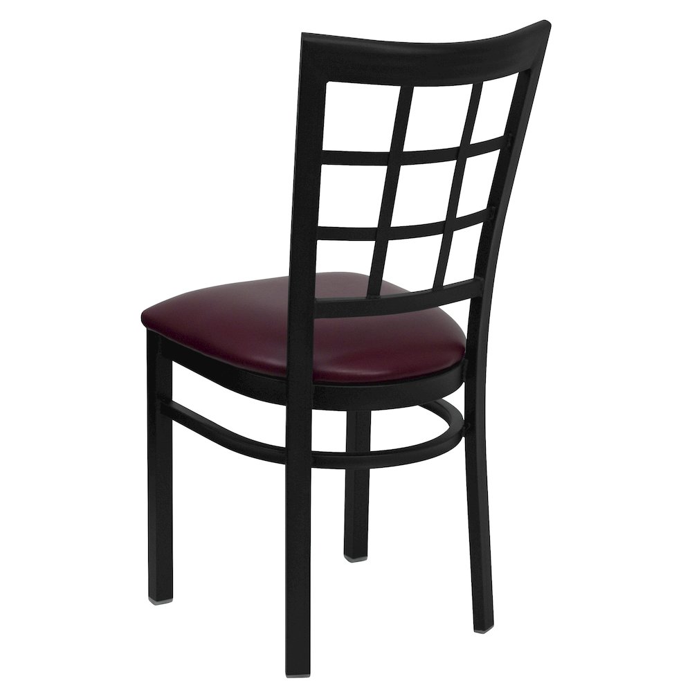 Black Window Back Metal Restaurant Chair - Burgundy Vinyl Seat. Picture 6
