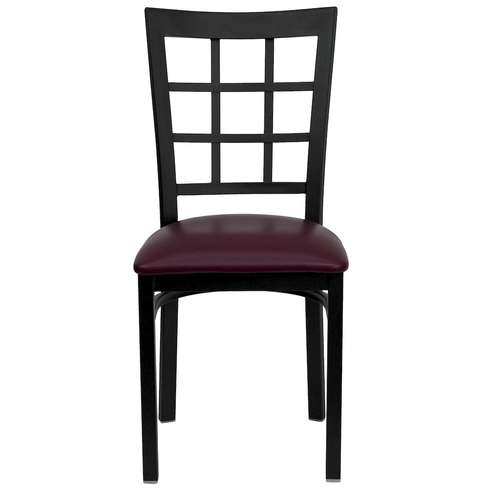 Black Window Back Metal Restaurant Chair - Burgundy Vinyl Seat. Picture 9