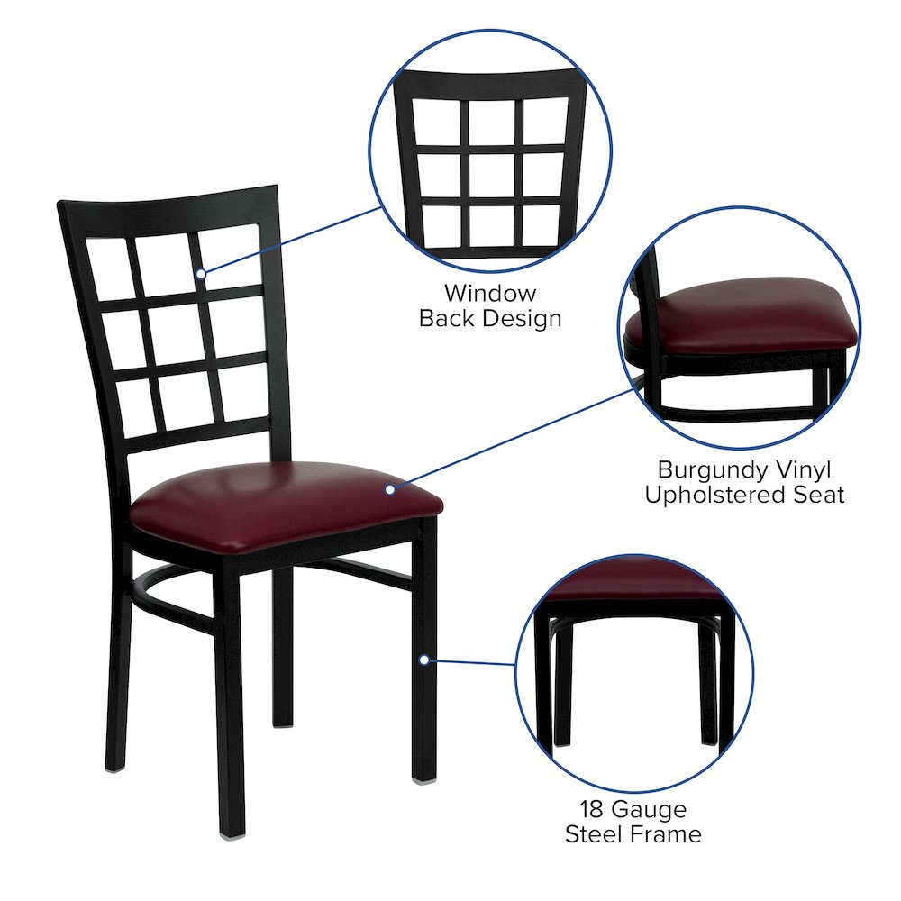 Black Window Back Metal Restaurant Chair - Burgundy Vinyl Seat. Picture 4