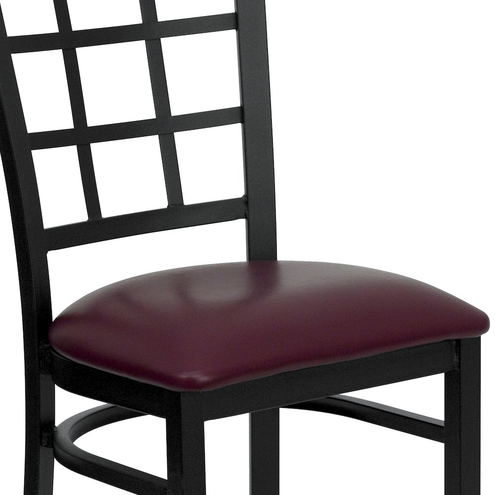 Black Window Back Metal Restaurant Chair - Burgundy Vinyl Seat. Picture 7