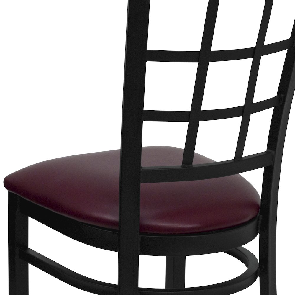 Black Window Back Metal Restaurant Chair - Burgundy Vinyl Seat. Picture 10