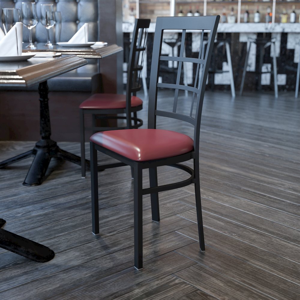 Black Window Back Metal Restaurant Chair - Burgundy Vinyl Seat. Picture 2