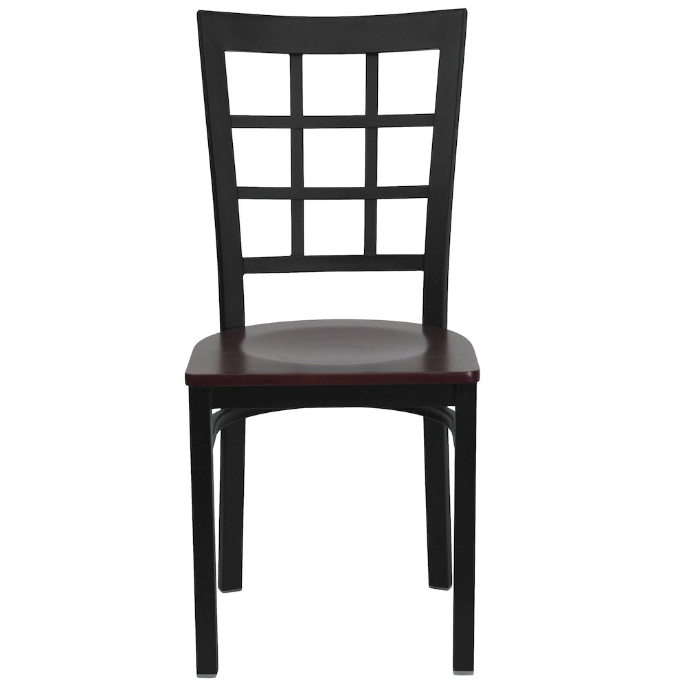 Black Window Back Metal Restaurant Chair - Mahogany Wood Seat. Picture 6