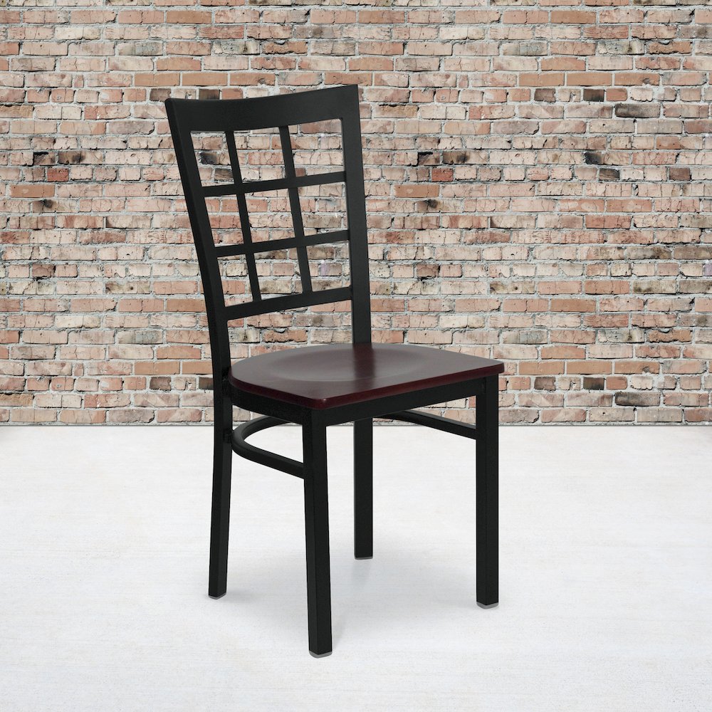 Black Window Back Metal Restaurant Chair - Mahogany Wood Seat. Picture 2
