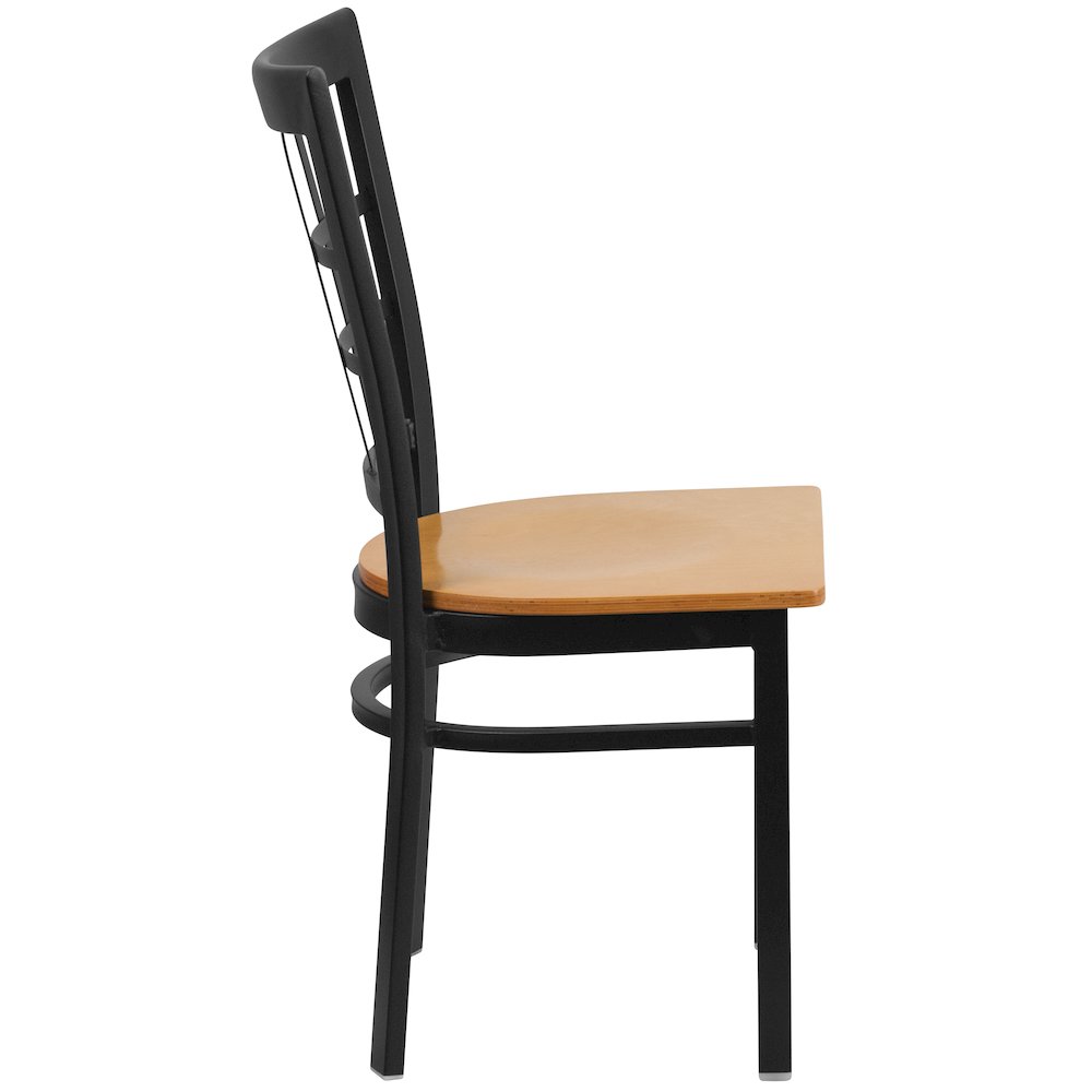 Black Window Back Metal Restaurant Chair - Natural Wood Seat. Picture 8